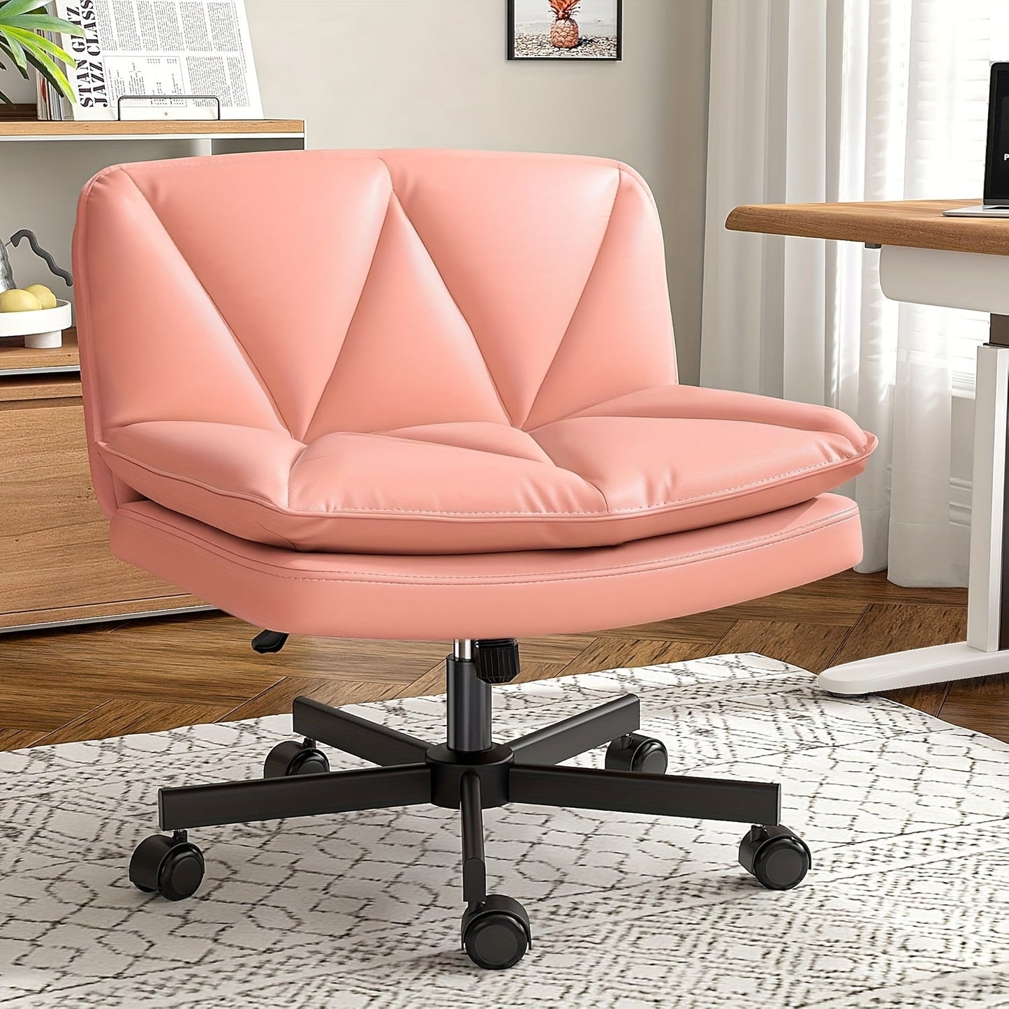 27" Wide Criss Cross Office Chair with Wheels – Adjustable Swivel Armless Vanity Desk Chair with Back Support