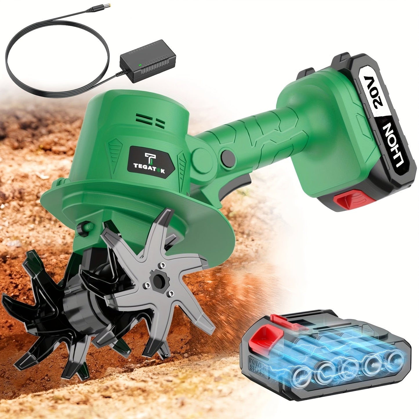 20V Cordless Garden Tiller Cultivator Electric Rototiller w/ Battery Charger