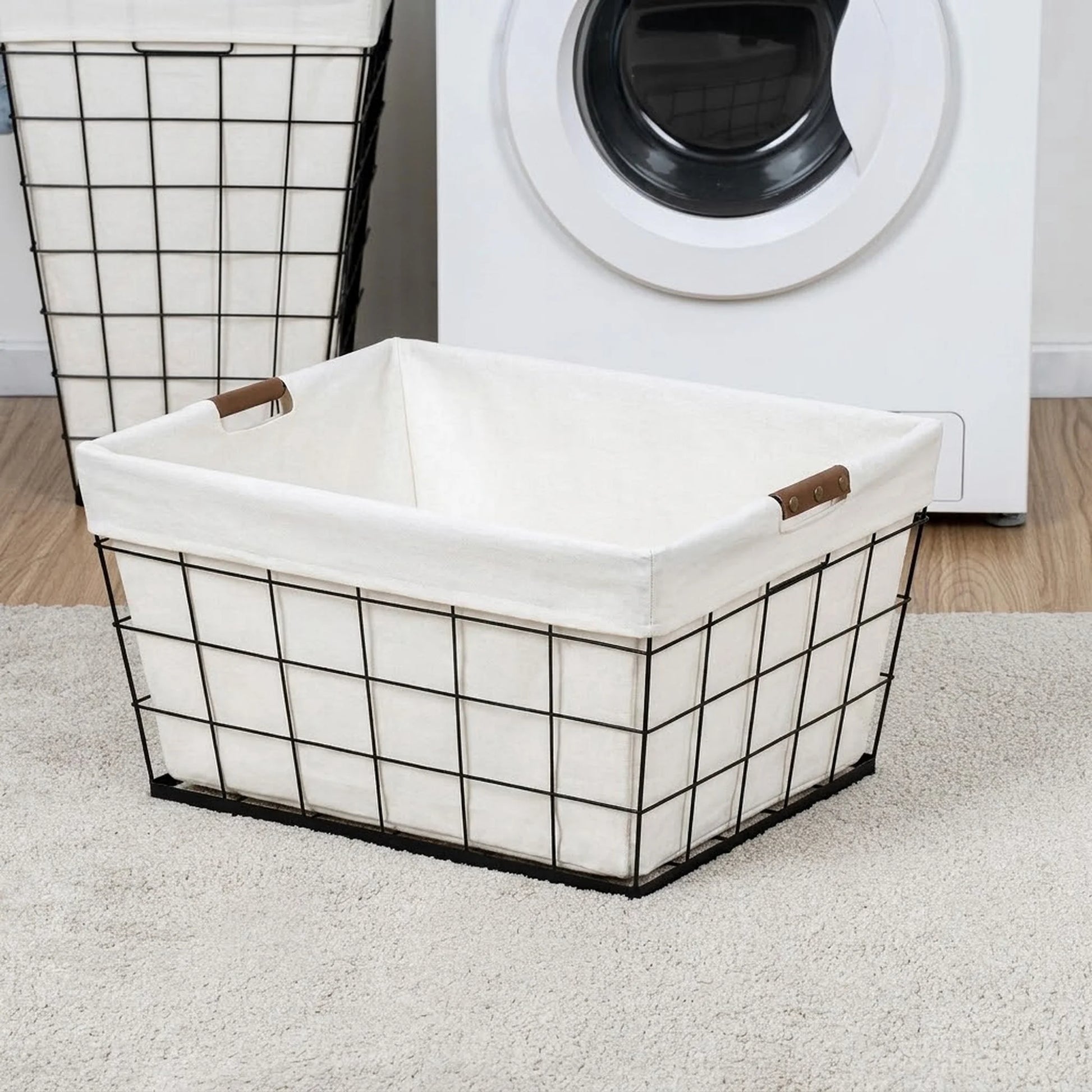 60L Rectangular Steel Wire Laundry Basket with Removable Cotton-Blend Liner, Black & Natural