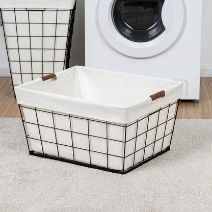 60L Rectangular Steel Wire Laundry Basket with Removable Cotton-Blend Liner, Black & Natural