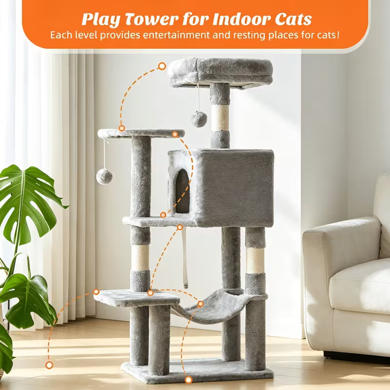44-Inch Multi-Level Cat Tree with Natural Sisal Scratching Posts, Large Hammock & Enclosed
