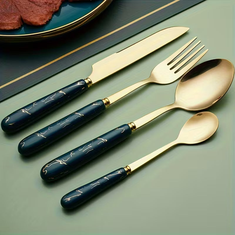 24-Piece Stainless Steel Tableware Set with Short Ceramic Handles – Elegant Dinner Knives & Dessert Spoons for Home, Restaurant & Hotel