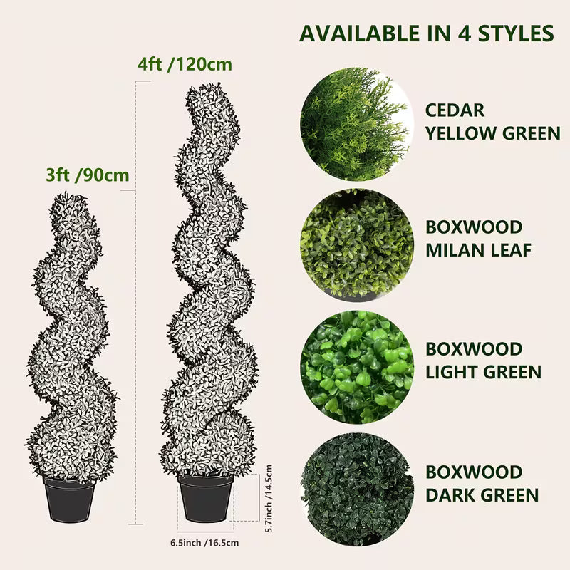 Set of 2 Artificial Boxwood Spiral Topiary Trees – Realistic Green Decorative Plants for Indoor & Outdoor Spaces