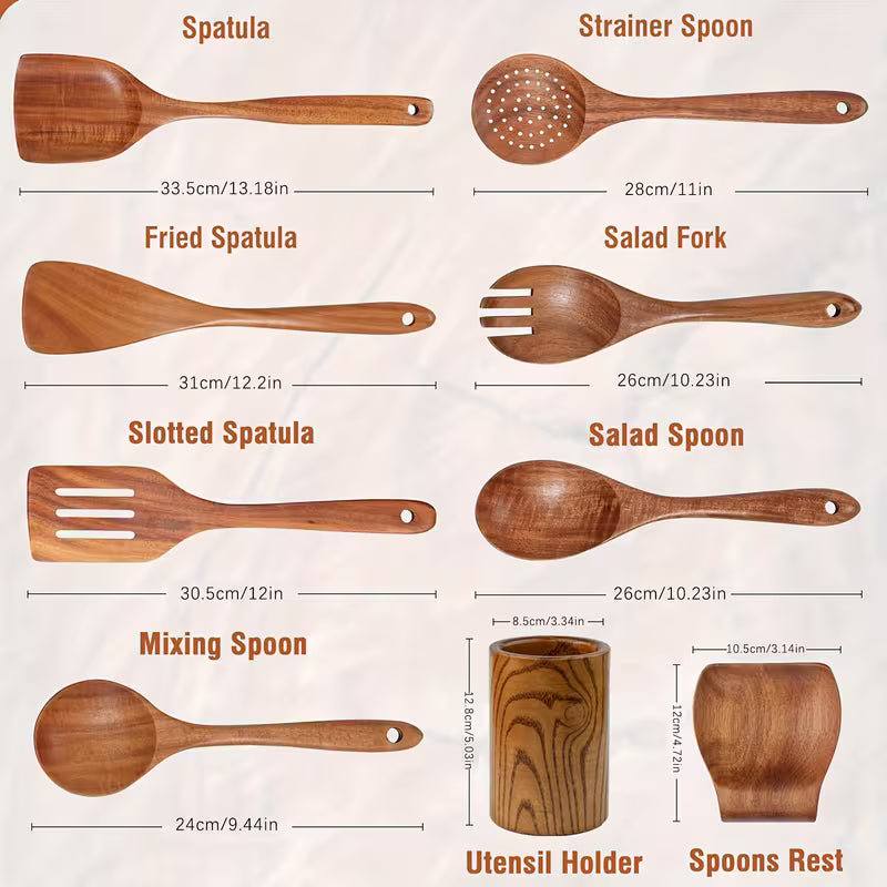9-Piece Wooden Kitchen Utensils Set – Heat-Resistant Cooking Tools for Everyday Use