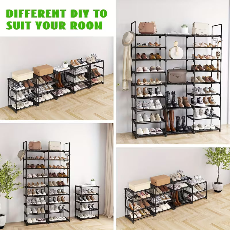 9-Tier Shoe Rack Organizer with Hooks, Stackable Metal Shoe Storage Shelf for Entryway, Bedroom, Closet & Hallway