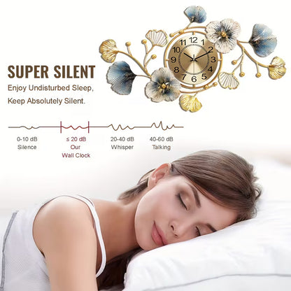 3D Ginkgo Leaf Metal Wall Clock – Large Silent Decorative Clock, 37 × 20 Inches