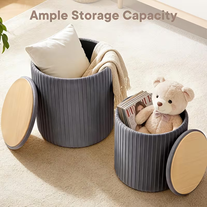 2-Piece Modern Bohemian Round Storage Stools with Hidden Shoe Storage