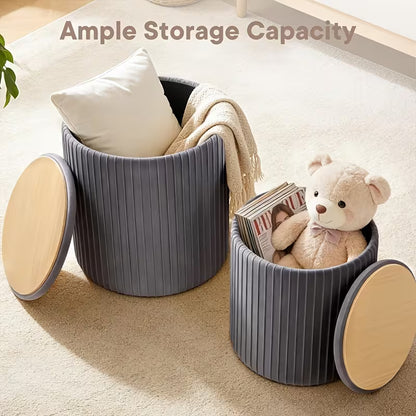 2-Piece Modern Bohemian Round Storage Stools with Hidden Shoe Storage