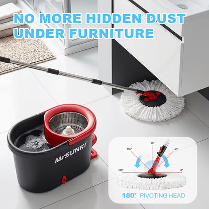 360° Spin Mop and Bucket Cleaning Set with 3 Microfiber Heads, Adjustable 59-Inch Stainless Steel Handle & 30 Disposable Floor Pads