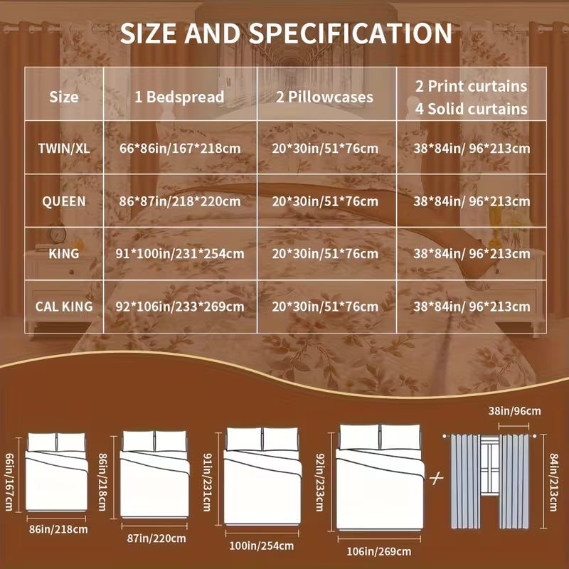 9-Piece Orange Leaf Print Bedding Set with Matching Curtains – Machine-Washable Polyester