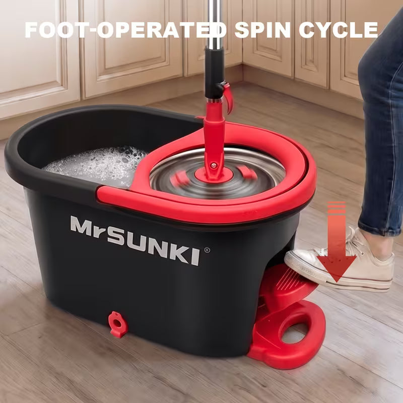 360° Spin Mop and Bucket Cleaning Set with 3 Microfiber Heads, Adjustable 59-Inch Stainless Steel Handle & 30 Disposable Floor Pads