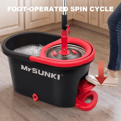 360° Spin Mop and Bucket Cleaning Set with 3 Microfiber Heads, Adjustable 59-Inch Stainless Steel Handle & 30 Disposable Floor Pads