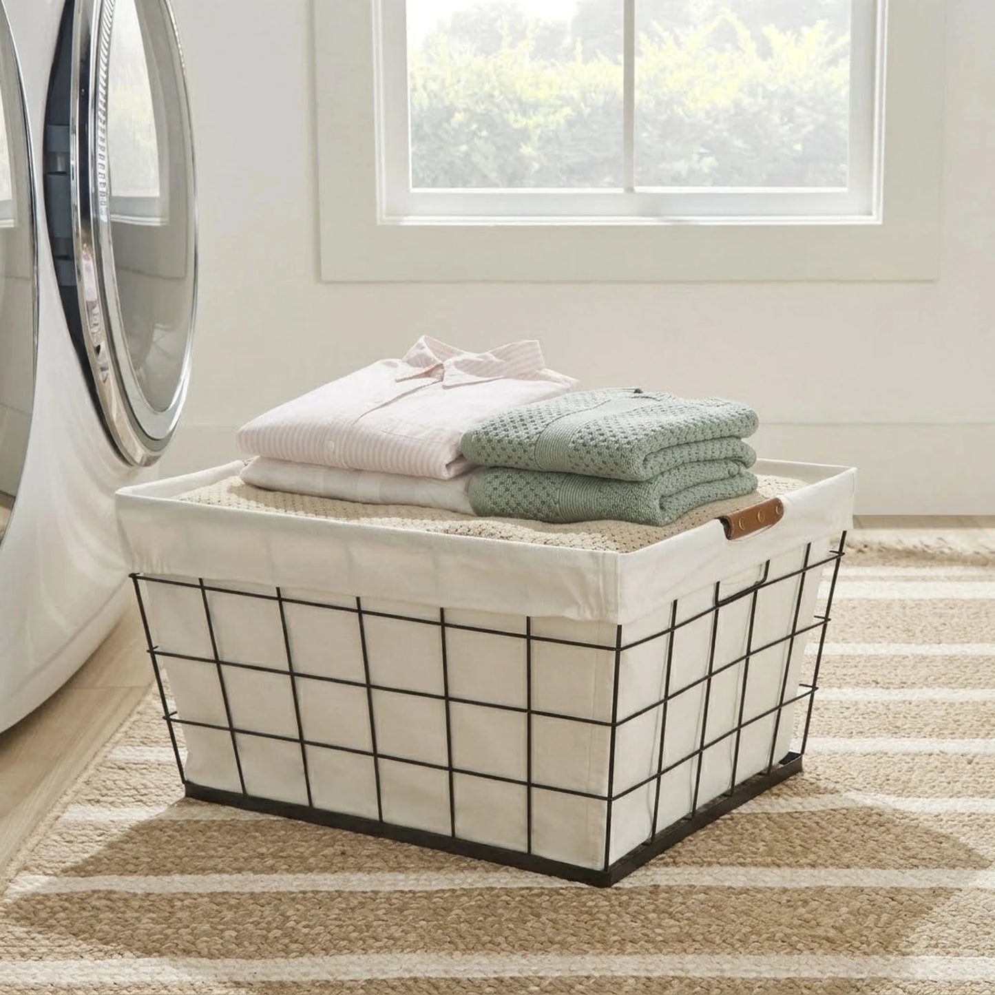 60L Rectangular Steel Wire Laundry Basket with Removable Cotton-Blend Liner, Black & Natural