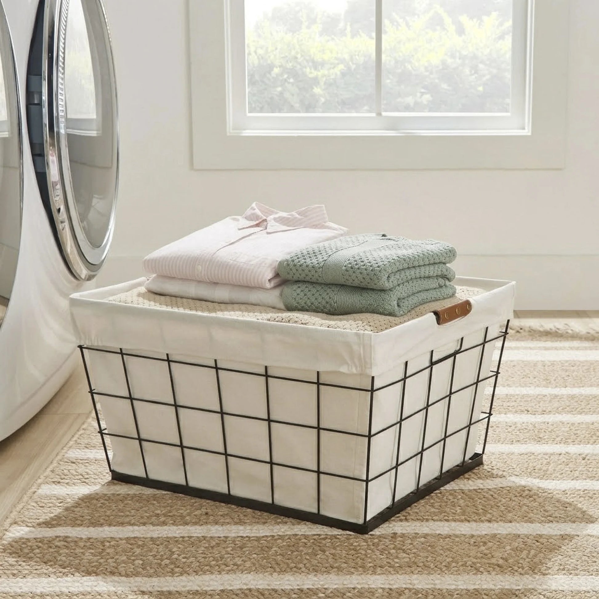 60L Rectangular Steel Wire Laundry Basket with Removable Cotton-Blend Liner, Black & Natural