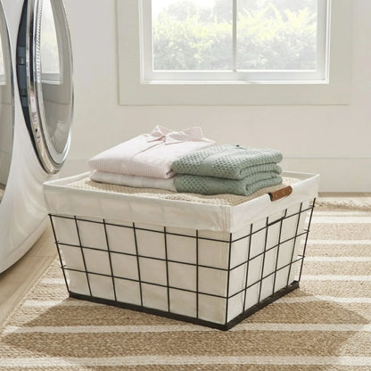 60L Rectangular Steel Wire Laundry Basket with Removable Cotton-Blend Liner, Black & Natural