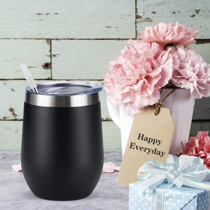 8 Pack 12Oz Stainless Steel Wine Tumblers, Insulated Wine Tumbler, Double Wall Insulated Wine Glass, Stainless Steel Stemless Wine Cups with Lids for Coffee, Wine, Cocktails, Champaign, Black