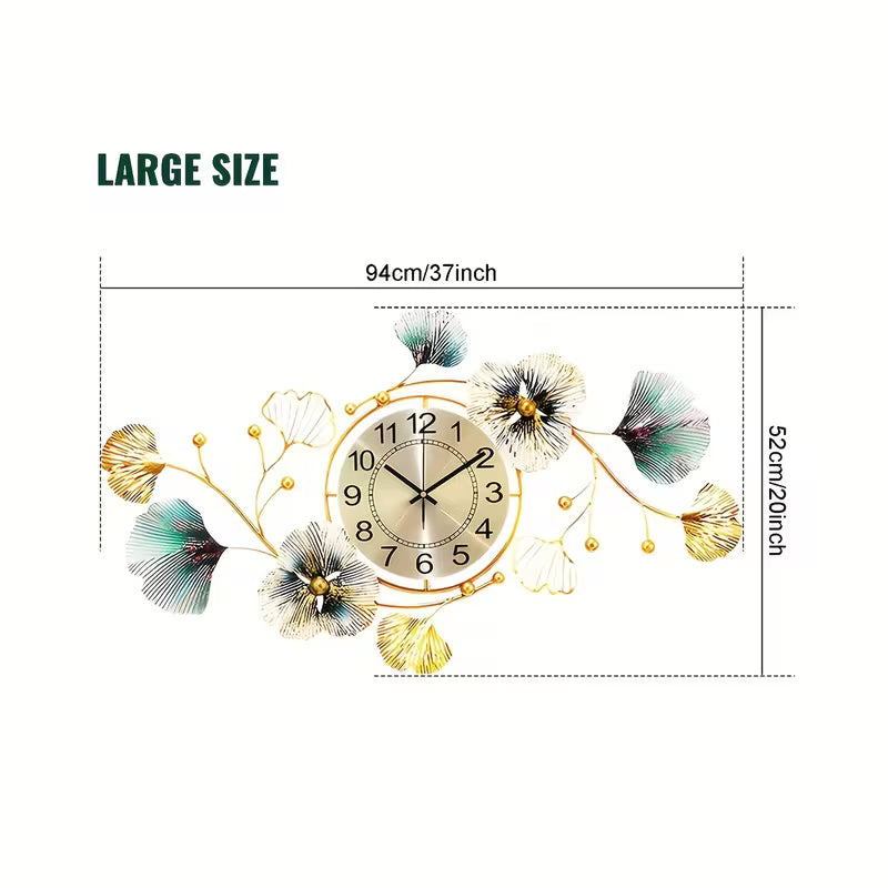 3D Ginkgo Leaf Metal Wall Clock – Large Silent Decorative Clock, 37 × 20 Inches