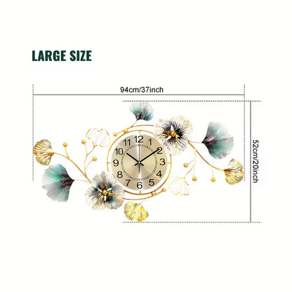3D Ginkgo Leaf Metal Wall Clock – Large Silent Decorative Clock, 37 × 20 Inches