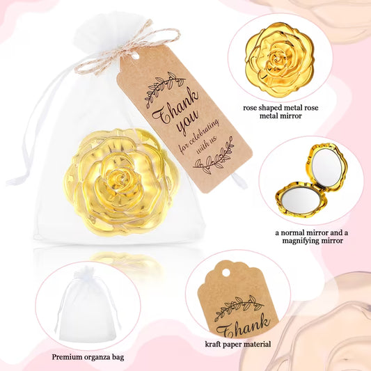 36-Piece Rose Shaped Compact Mirror Party Favor Set with Organza Bags and Thank You Tags, Elegant Wedding Guest Gifts for Quinceañera, Sweet 16, Bridal Shower, Bachelorette Party and Bridesmaids