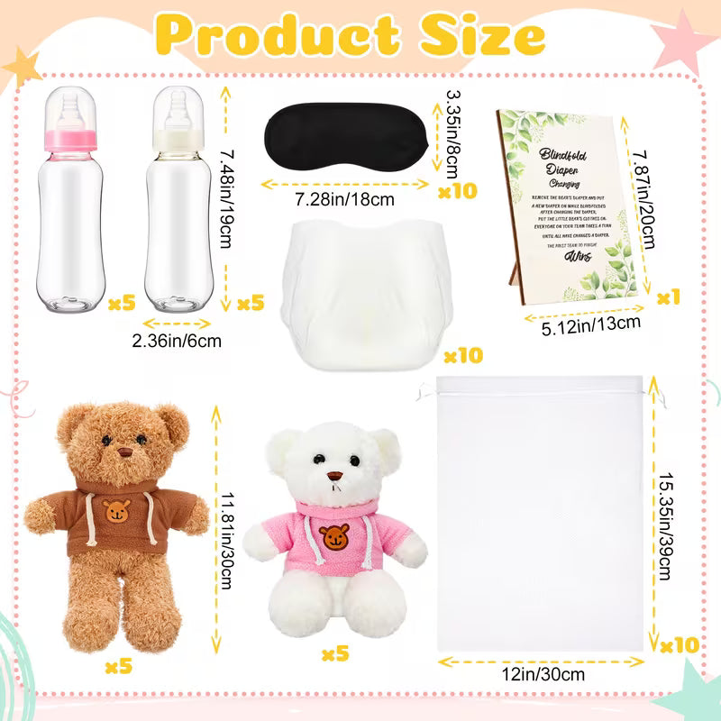 61-Piece Bear Blindfolded Diaper Changing Baby Shower Game Set, Baby Bottle Chug Challenge Kit with Plush Bears, Diapers and Party Accessories for Gender Reveal, Baby Shower and Party Games