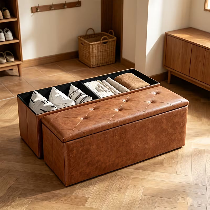 Heavy-Duty Folding Storage Bench with Shoe Cabinet & Thick Padded Seat