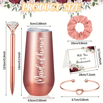 34-Piece Bridesmaid Proposal Gift Set, 5 Proposal Boxes, 6 Wine Tumblers, 6 Love Knot Bracelets, 6 Pens, 5 Bridesmaid Cards and Hair Ties, Elegant Rose Gold Wedding Party Gift Set