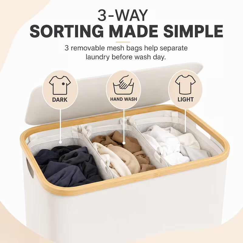 160L 3-Section Laundry Hamper with Lid – Large Capacity Laundry Sorter with 3 Removable Washable Bags & 5 Sorting Labels