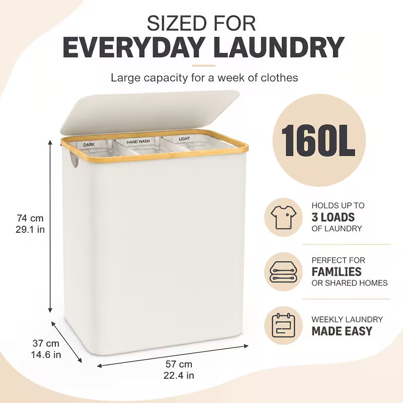 160L 3-Section Laundry Hamper with Lid – Large Capacity Laundry Sorter with 3 Removable Washable Bags & 5 Sorting Labels