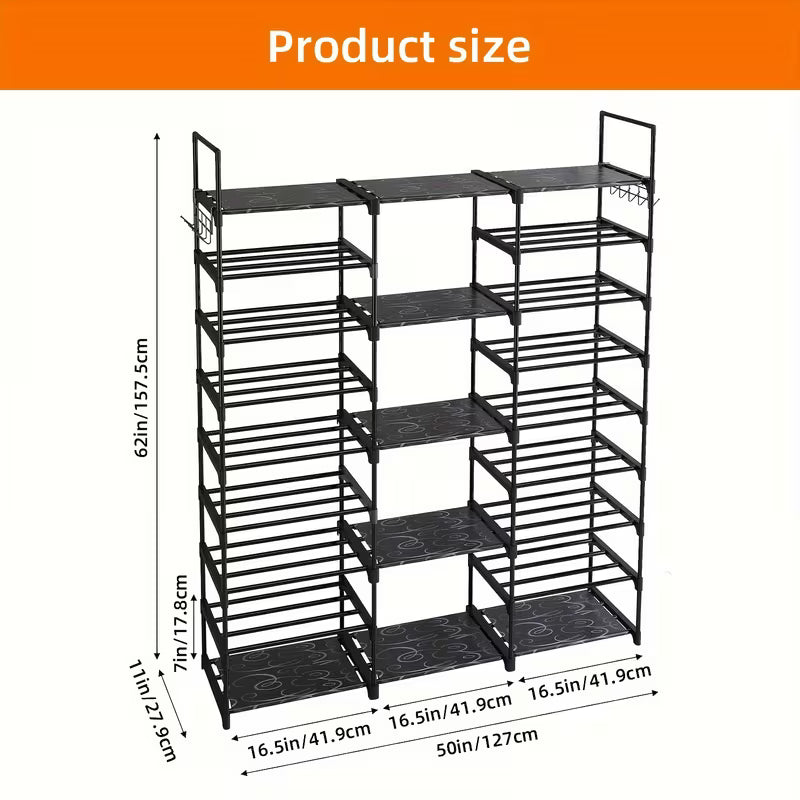 9-Tier Shoe Rack Organizer with Hooks, Stackable Metal Shoe Storage Shelf for Entryway, Bedroom, Closet & Hallway