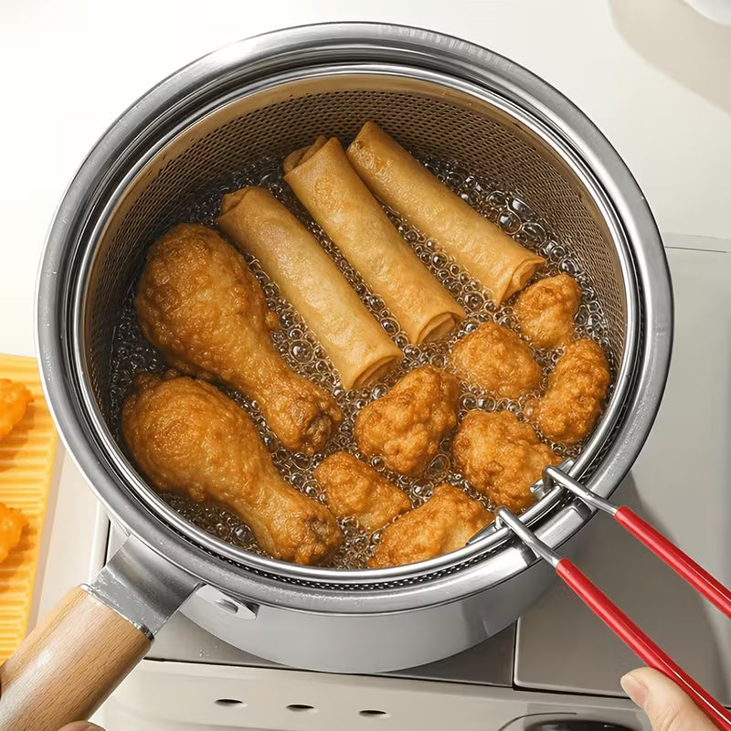 304 Stainless Steel Deep Fryer Pot with Frying Basket & Handle – Japanese-Style Frying Pan for Induction & Gas Stoves