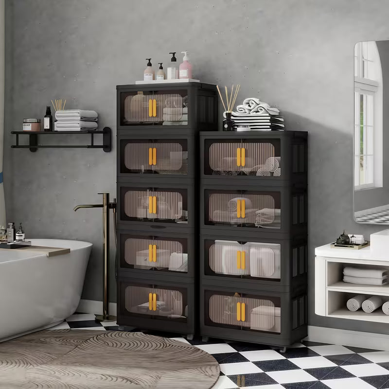 4-Tier / 5-Tier Collapsible Storage Organizer with Double Doors, Stackable Plastic Storage Cabinet on 360° Rotatable Lockable Wheels