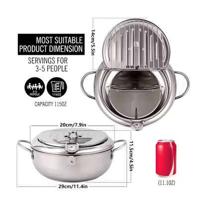 Stainless Steel Japanese Deep Fryer Pan with Thermometer – Induction Compatible Frying Pot for Home Kitchen