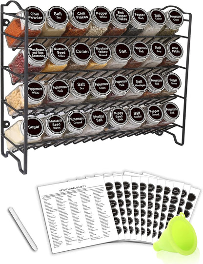 Spice Rack Organizer with 32 Glass Spice Jars and 396 Spice Labels