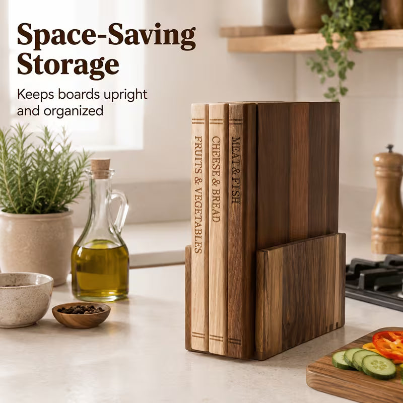 3-Piece Acacia Wood Cutting Board Set with Stand – Decorative Book-Style Chopping Boards for Kitchen