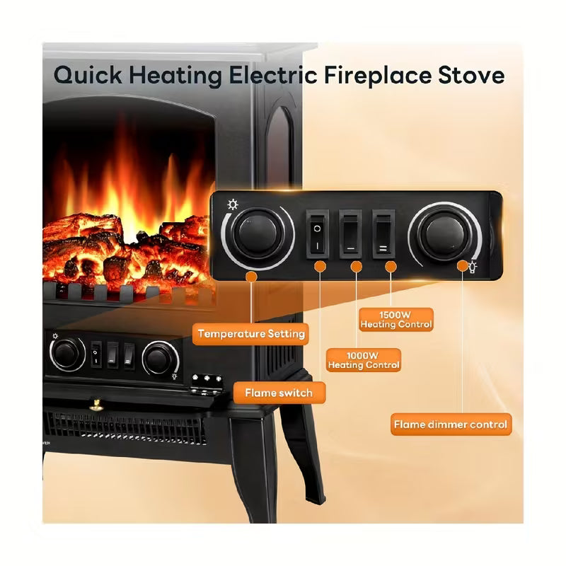 Portable Electric Fireplace Stove Heater, 5100 BTU, 1000W/1500W Adjustable Heat, Thermostat & Realistic Flame Effect