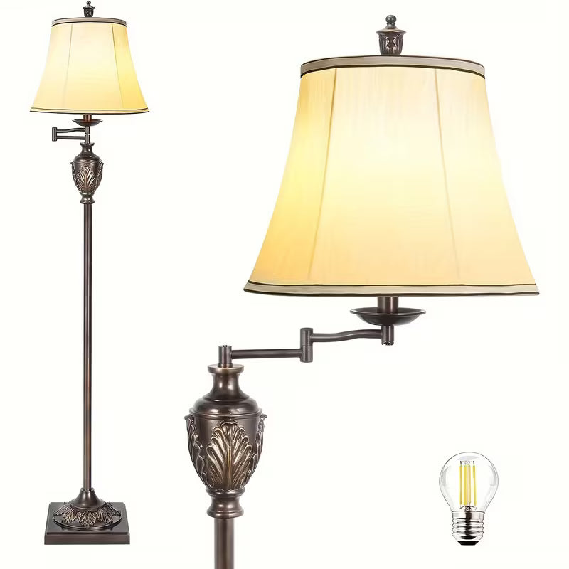 Traditional LED Floor Lamp with 350° Adjustable Swing Arm, Vintage Pole Design & Fabric Lampshade