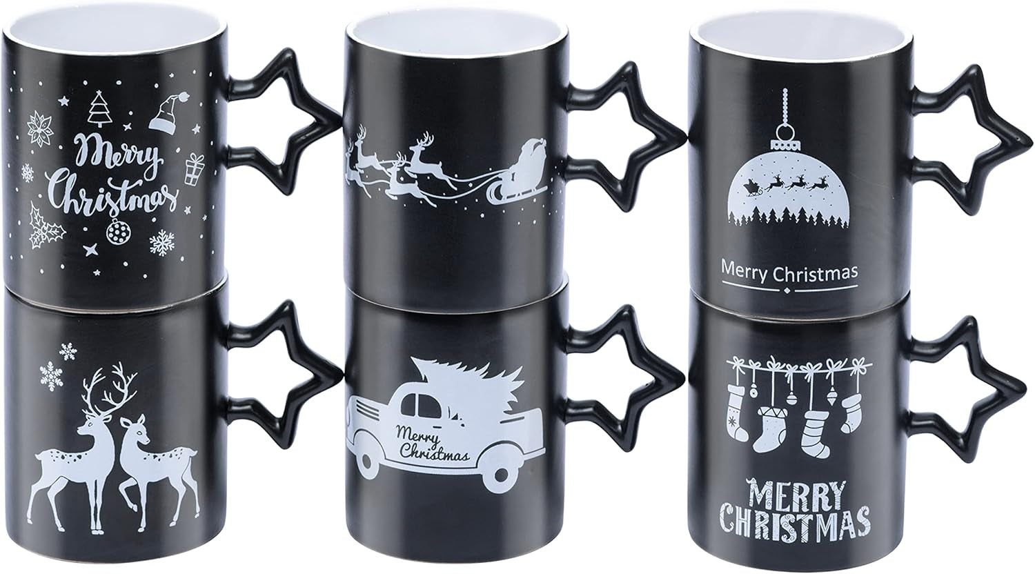 Black Coffee Mugs with Star Handle - Set of 6 Large 14 Ounce New Year Holidays Novelty Cups - Decorative DIY Mugs for Hot Chocolate Gift Sets