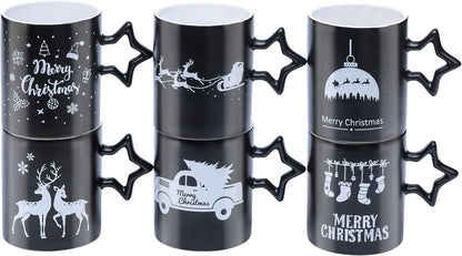 Black Coffee Mugs with Star Handle - Set of 6 Large 14 Ounce New Year Holidays Novelty Cups - Decorative DIY Mugs for Hot Chocolate Gift Sets