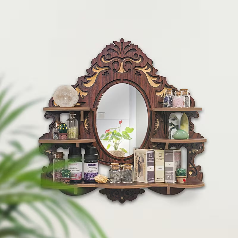 Wall-Mounted Shelf with Mirror, Multi-Functional Crystal Display Organizer, Space-Saving Wooden Wall Décor for Entryway & Bathroom