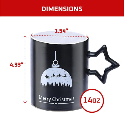 Black Coffee Mugs with Star Handle - Set of 6 Large 14 Ounce New Year Holidays Novelty Cups - Decorative DIY Mugs for Hot Chocolate Gift Sets