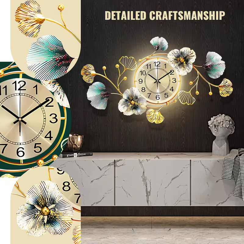 3D Ginkgo Leaf Metal Wall Clock – Large Silent Decorative Clock, 37 × 20 Inches