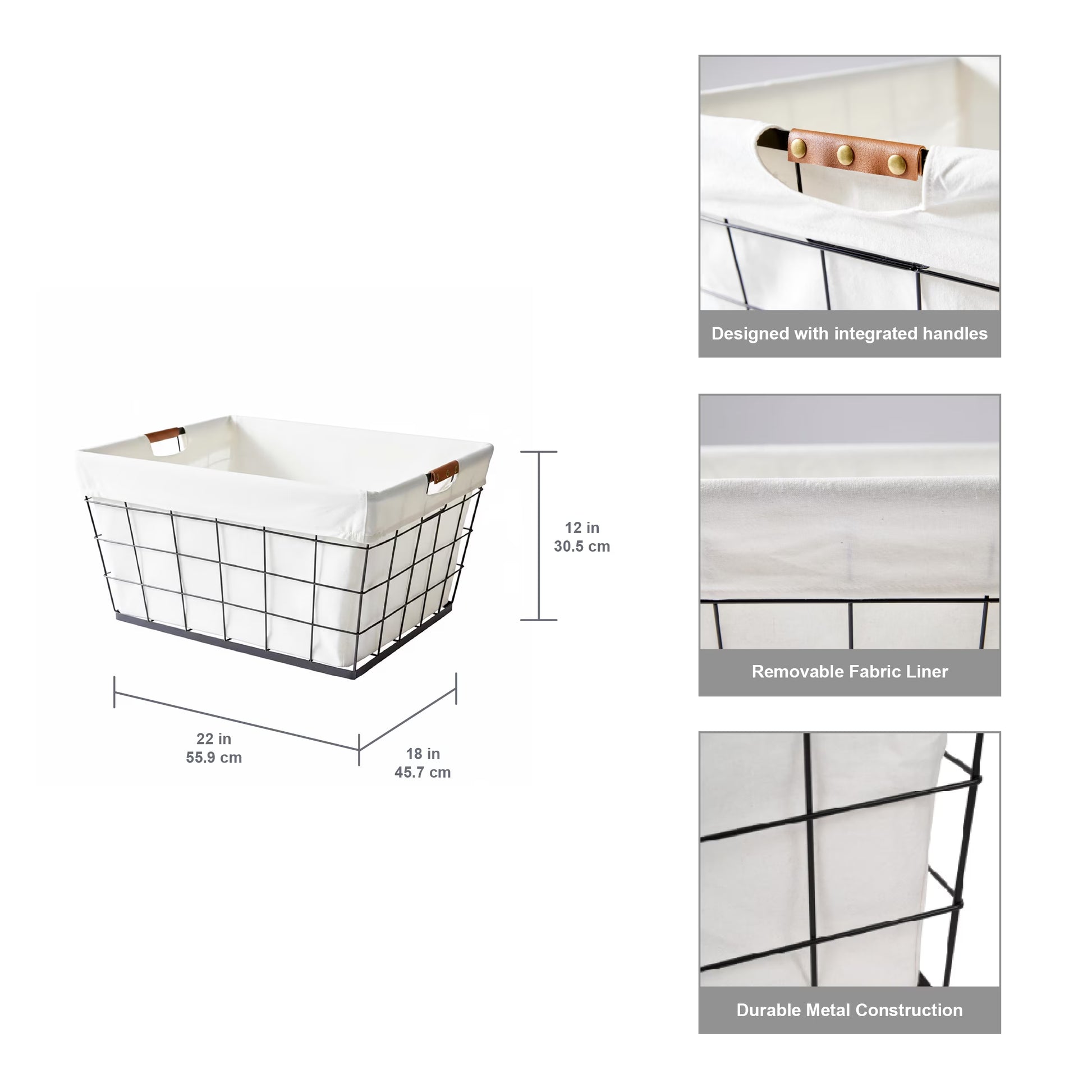 60L Rectangular Steel Wire Laundry Basket with Removable Cotton-Blend Liner, Black & Natural