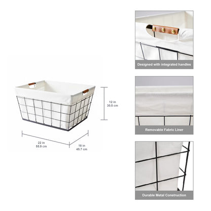 60L Rectangular Steel Wire Laundry Basket with Removable Cotton-Blend Liner, Black & Natural