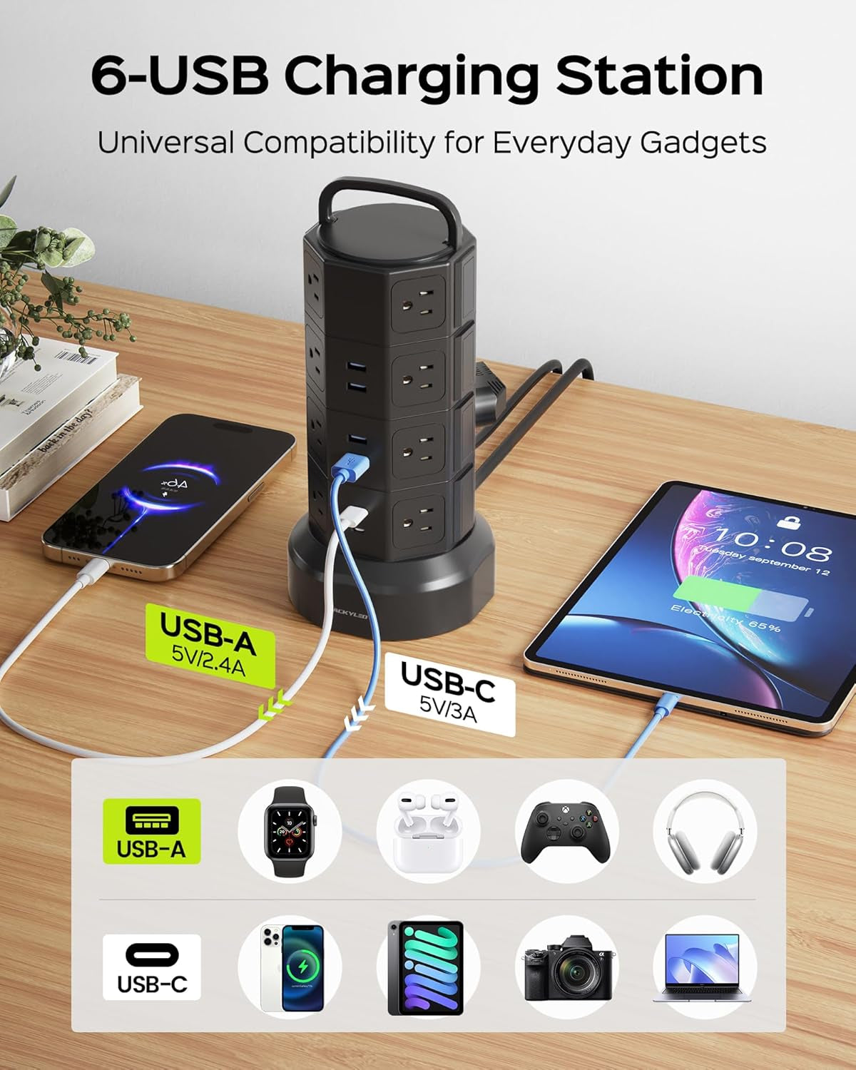 Power Strip Tower Surge Protector, 16 AC 6 USB (2 USB C), 1050J