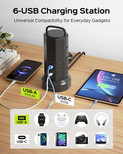 Power Strip Tower Surge Protector, 16 AC 6 USB (2 USB C), 1050J