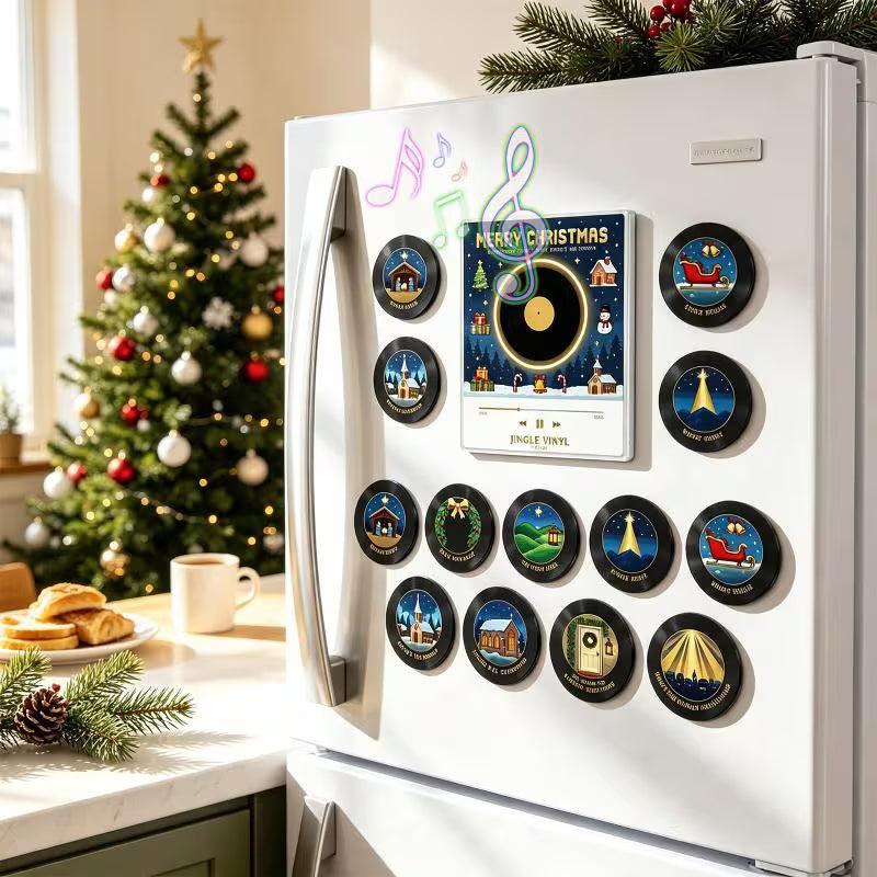 Christmas Vinyl Record Player Fridge Magnet Set