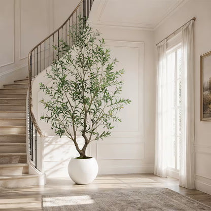 5–8 FT Artificial Olive Tree with White Round Planter – Lifelike Faux Indoor Floor Plant for Home & Office Décor