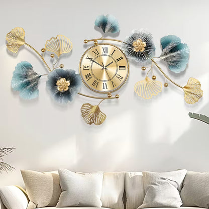 3D Ginkgo Leaf Metal Wall Clock – Large Silent Decorative Clock, 37 × 20 Inches