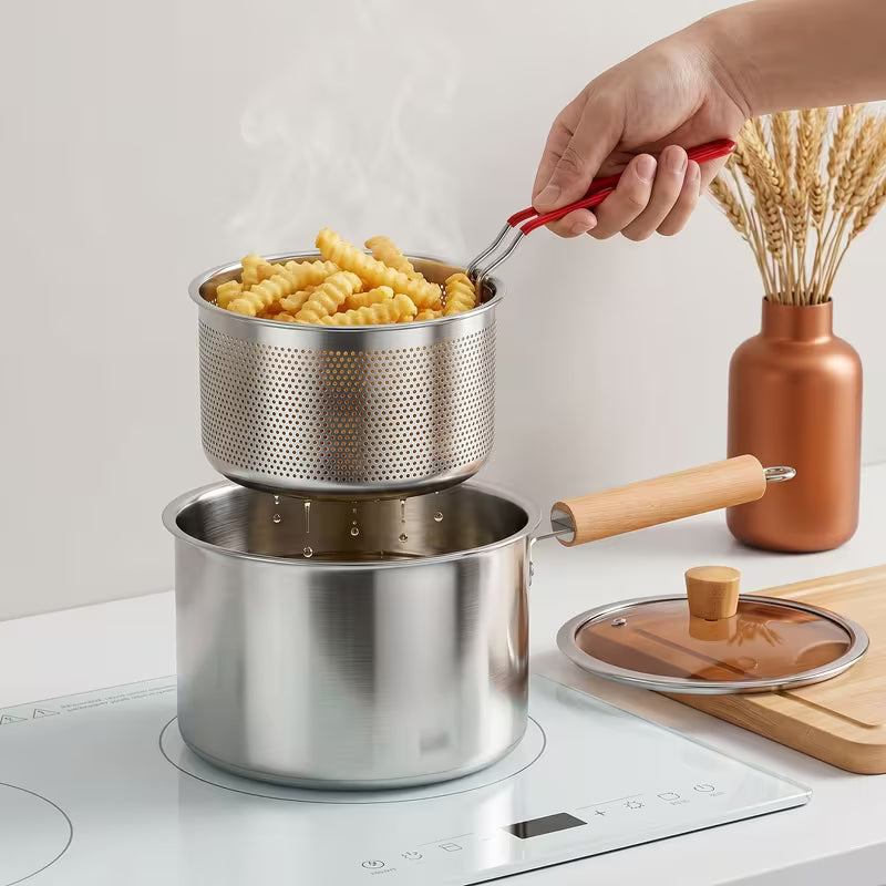 304 Stainless Steel Deep Fryer Pot with Frying Basket & Handle – Japanese-Style Frying Pan for Induction & Gas Stoves
