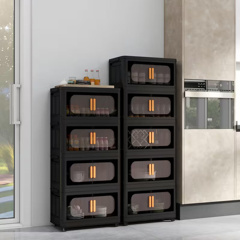 4-Tier / 5-Tier Collapsible Storage Organizer with Double Doors, Stackable Plastic Storage Cabinet on 360° Rotatable Lockable Wheels